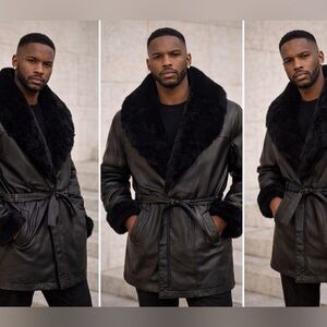 Vintage Genuine Leather Coat / Faux-Fur Shawl Collar / Hood